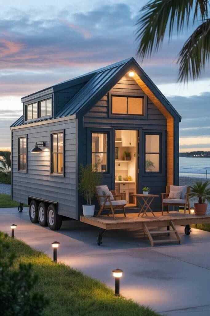 Tiny house on wheels near a lake